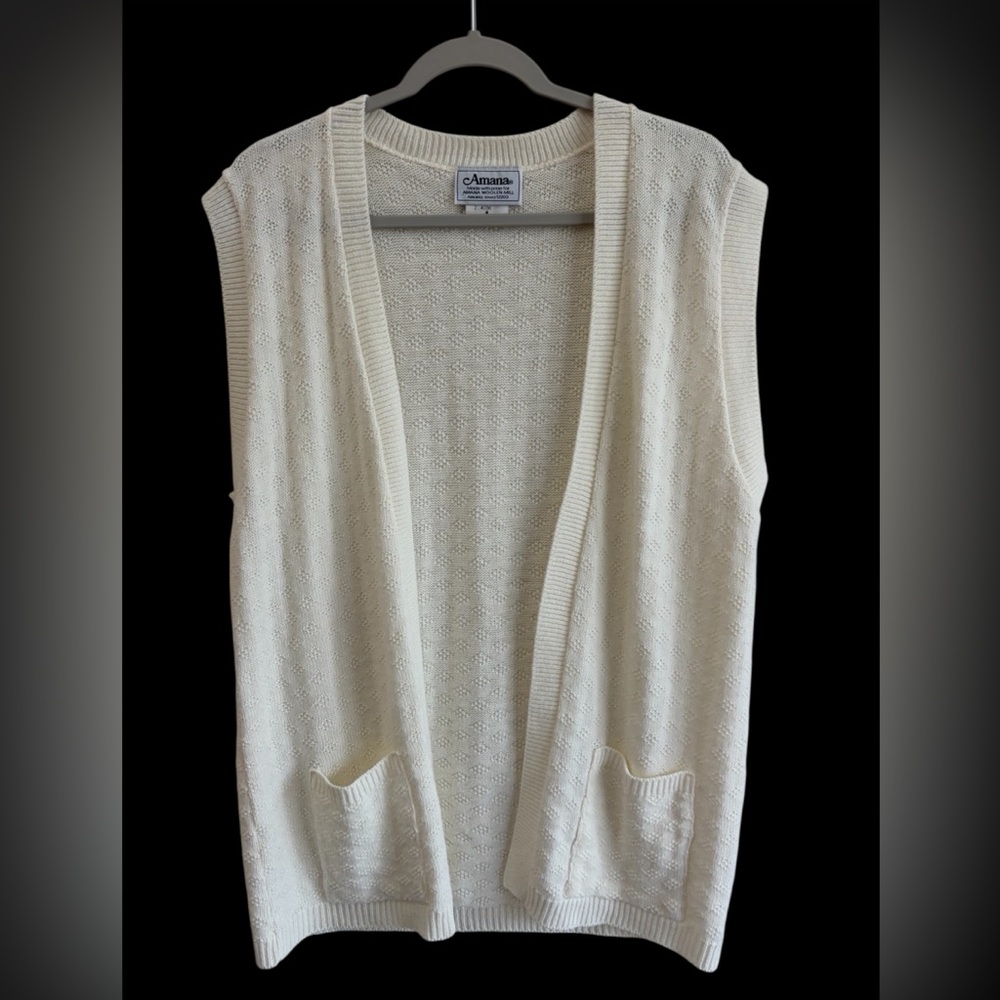 Vintage Amana Ivory Pointelle Open-Front Cardigan Vest (M) Cottage Made in USA
